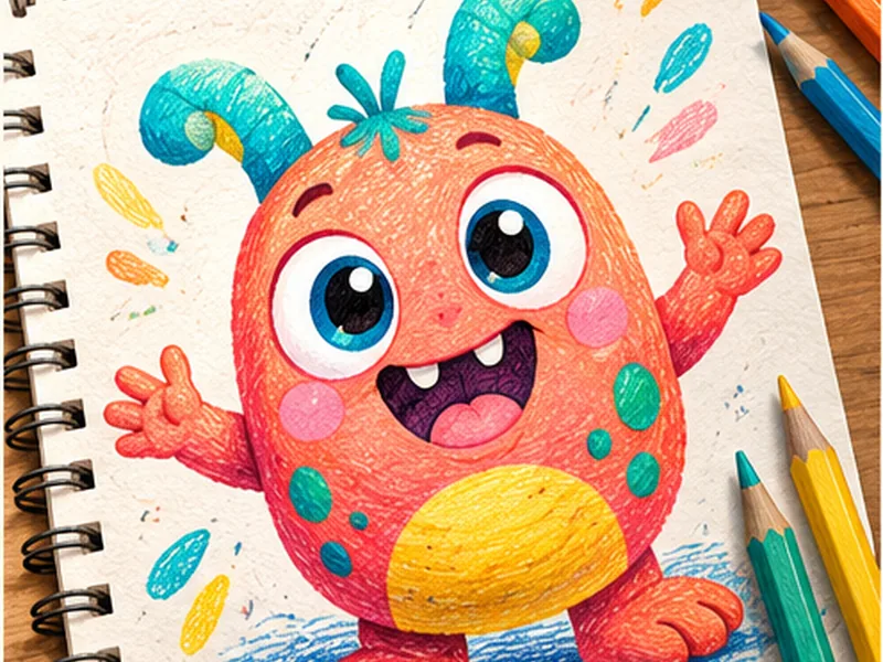 Original colourful finished creative project example for Draw a friendly monster from simple shapes