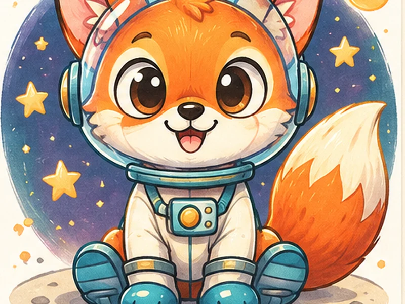 A colourful fox astronaut drawn with pencils