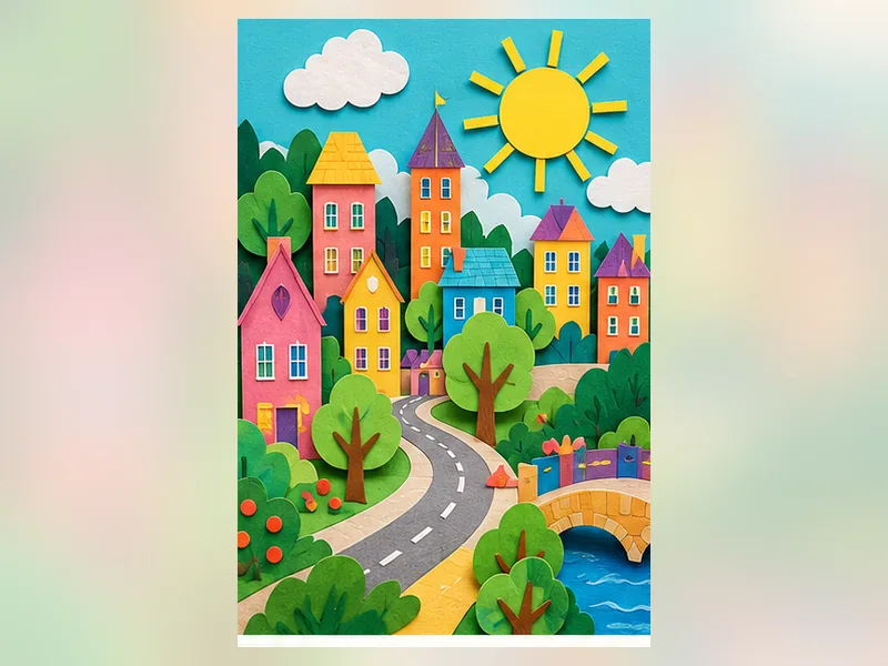Bright layered paper craft town with buildings and trees