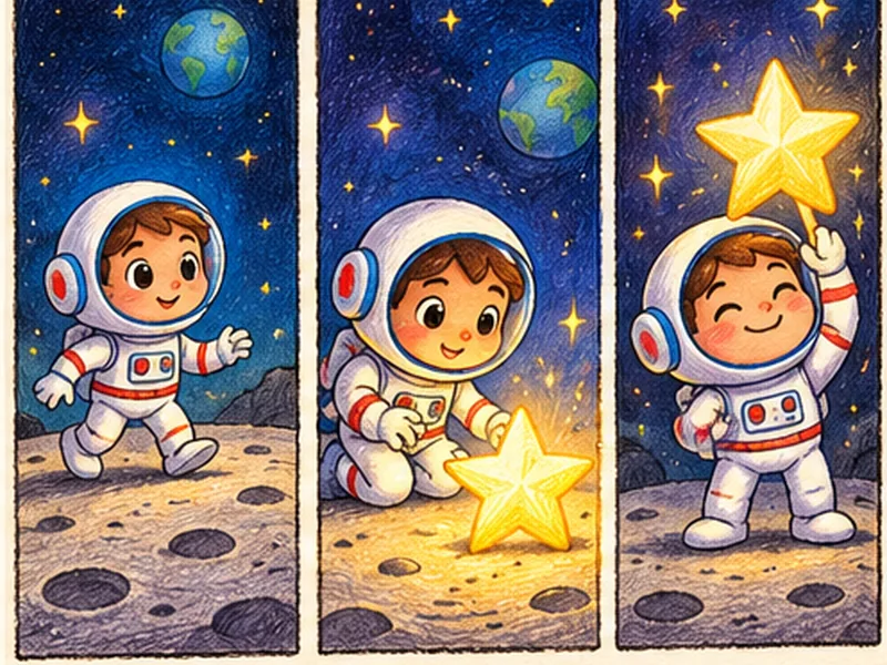 Original colourful finished creative project example for Storyboard a tiny three-scene story