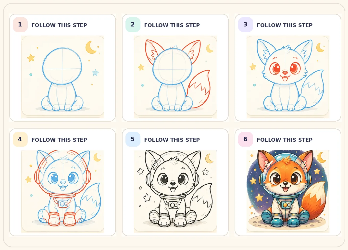 Six-frame visual journey for Draw a friendly space fox, ending in a colourful creative variation