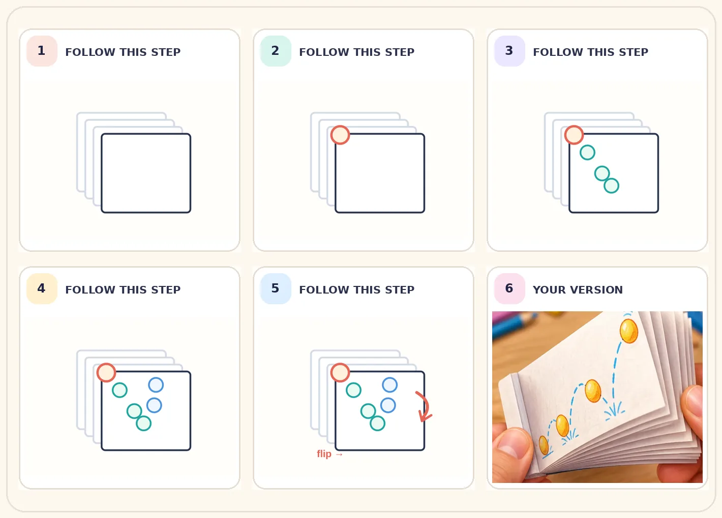 Six-frame visual journey for Make a bouncing-ball flipbook animation, ending in a colourful creative variation