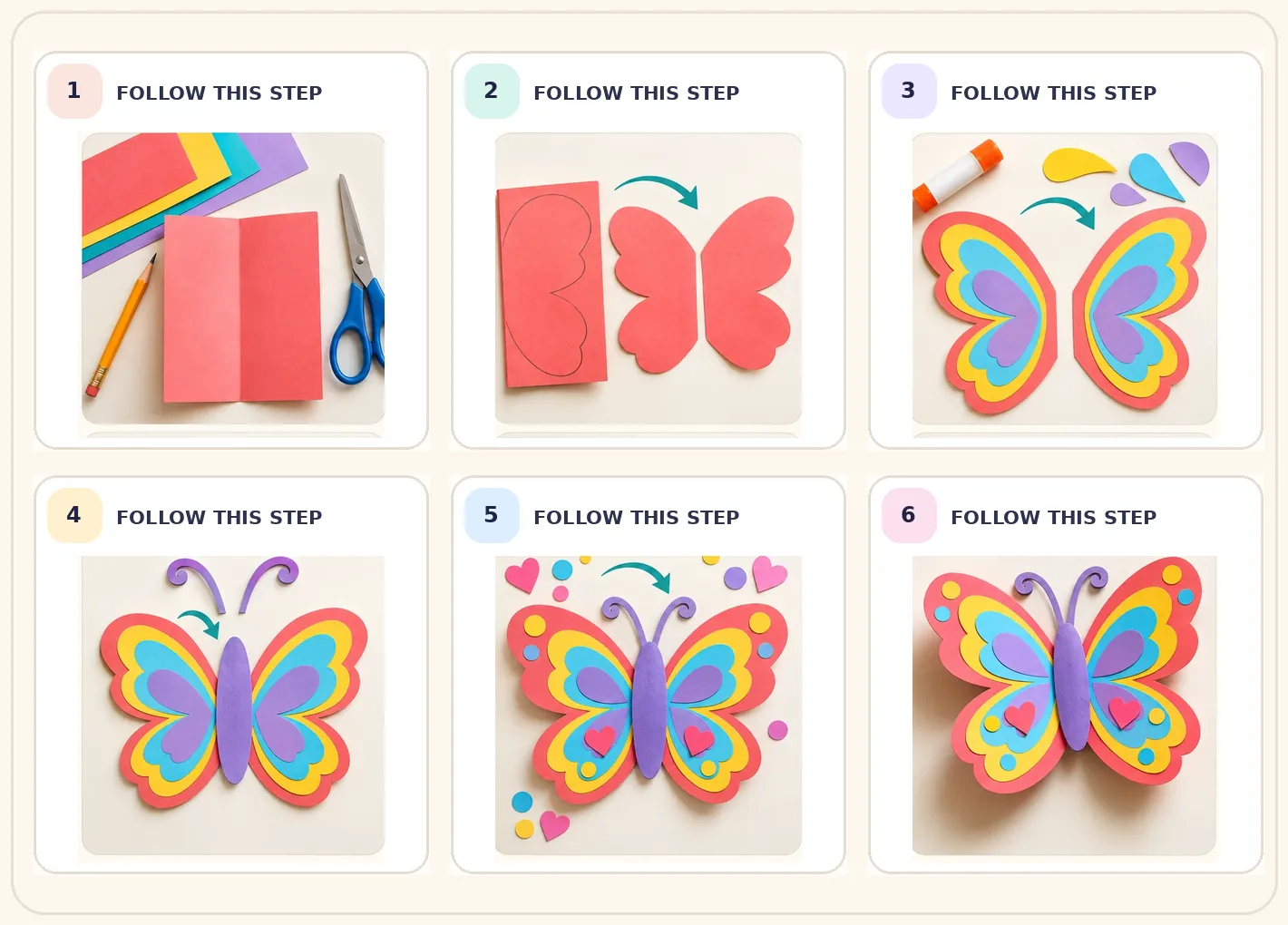 Six-frame visual journey for Make a colourful layered-paper butterfly, ending in a colourful creative variation