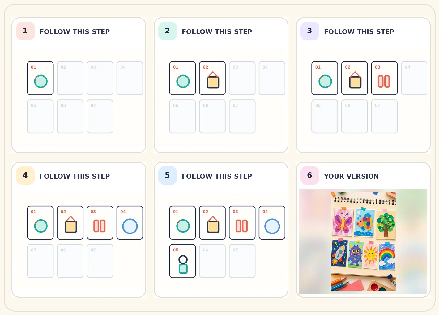 Six-frame visual journey for A seven-day creative challenge for kids, ending in a colourful creative variation
