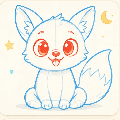 Stage 3 of 6: Draw two big eyes, a small nose and a happy mouth. Keep the first construction lines light.