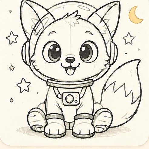 Stage 5 of 6: Trace the chosen lines, erase the guides gently and add a few star shapes around the character.