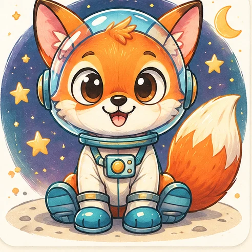 Stage 6 of 6: Colour your fox orange, leave the muzzle cream and add contrasting colours to the space suit. Invent a name for the planet.