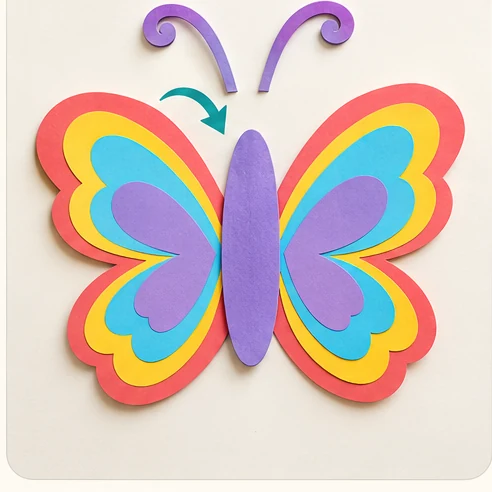 Stage 4 of 6: Cut an oval body and two curved antennae. Attach the wings behind the body to make one butterfly.