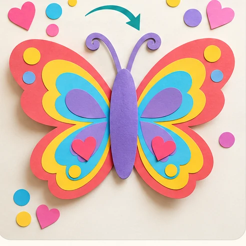 Stage 5 of 6: Add dots, hearts or shapes as a personal pattern. Press glued pieces gently, then allow the butterfly to dry.